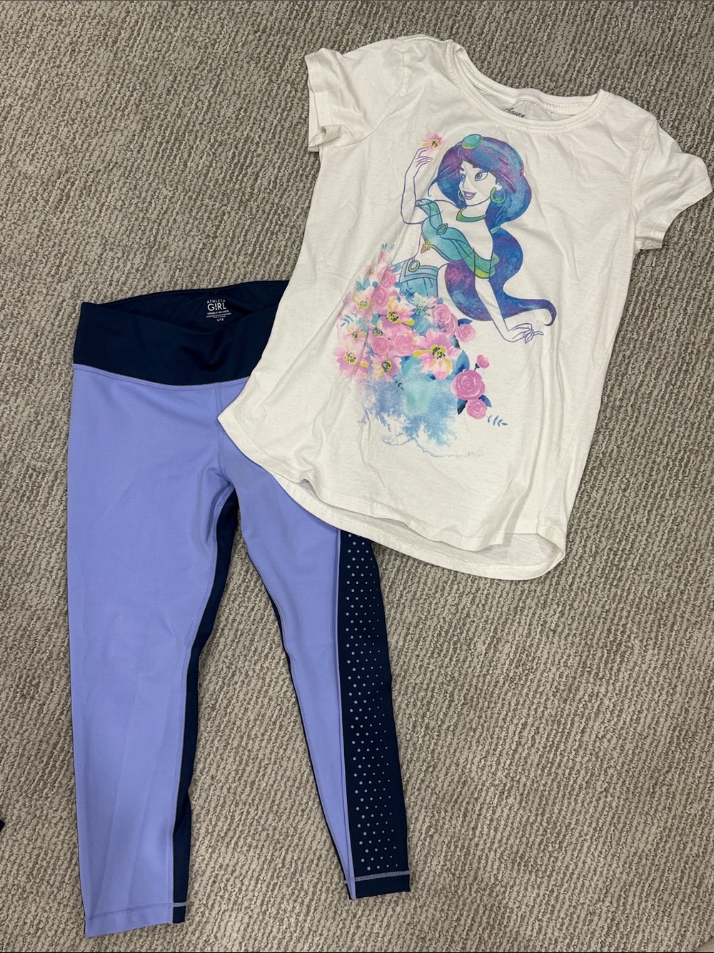 Girls Bundle Disney Graphic Tee with Periwinkle & Navy Athleta Girl Leggings (L)